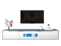 Mueble de TV moderno con 3 puertas de alto brillo, iluminación LED, tablero de partículas, color: roble y blanco