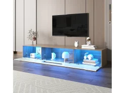 Mueble de TV moderno con 3 puertas de alto brillo, iluminación LED, tablero de partículas, color: roble y blanco