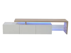 Mueble de TV moderno con luces LED regulables, 3 puertas y estantes de cristal - Blanco