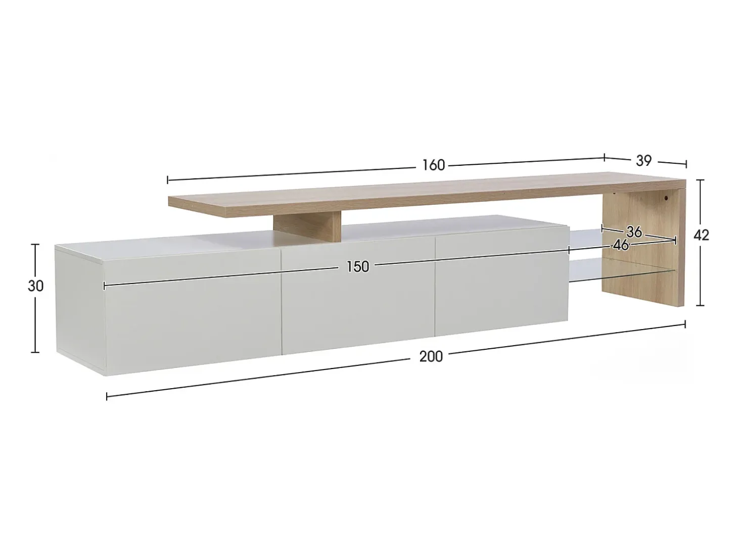 Mueble de TV moderno con luces LED regulables, 3 puertas y estantes de cristal - Blanco