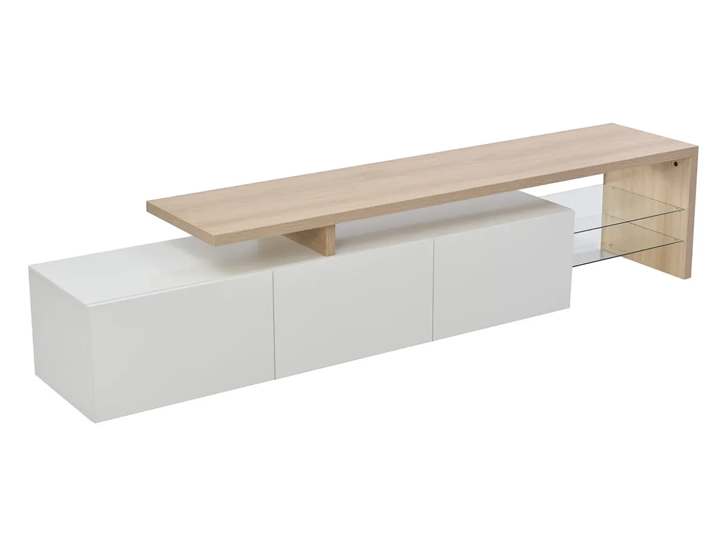 Mueble de TV moderno con luces LED regulables, 3 puertas y estantes de cristal - Blanco