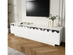 Mueble de TV moderno con 4 puertas y diseño ondulado - 170 x 40 x 45 cm - elegante almacenaje para salón - MDF + aglomerado - blanco