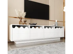 Mueble de TV moderno con 4 puertas y diseño ondulado - 170 x 40 x 45 cm - elegante almacenaje para salón - MDF + aglomerado - blanco