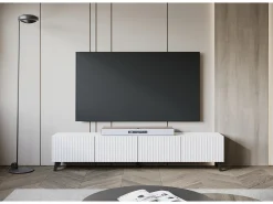 Mueble de TV moderno de 190 cm blanco con patas para salón, frentes MDF fresados con ranuras anchas