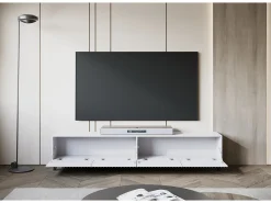 Mueble de TV moderno de 190 cm blanco con patas para salón, frentes MDF fresados con ranuras anchas