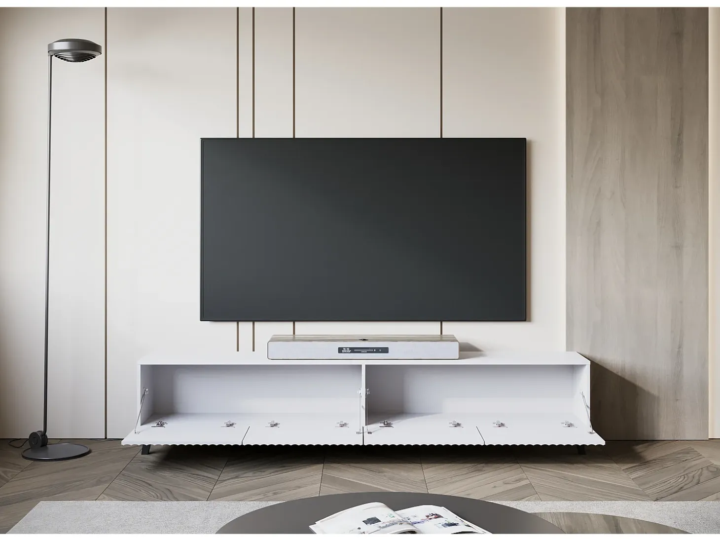 Mueble de TV moderno de 190 cm blanco con patas para salón, frentes MDF fresados con ranuras anchas