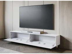 Mueble de TV moderno de 190 cm blanco con patas para salón, frentes MDF fresados con ranuras anchas