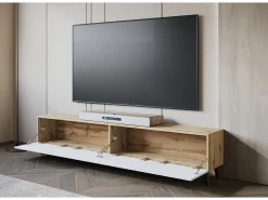 Mueble de TV moderno de 190 cm color artisan con patas para salón, frentes MDF blancos ranurados, 4 puertas abatibles