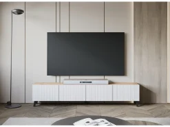Mueble de TV moderno de 190 cm color artisan con patas para salón, frentes MDF blancos ranurados, 4 puertas abatibles