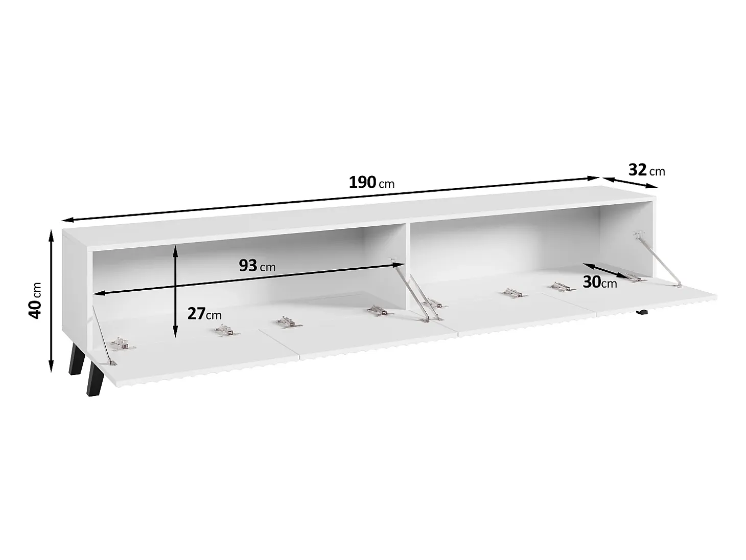 Mueble de TV moderno de 190 cm color artisan con patas para salón, frentes MDF blancos ranurados, 4 puertas abatibles