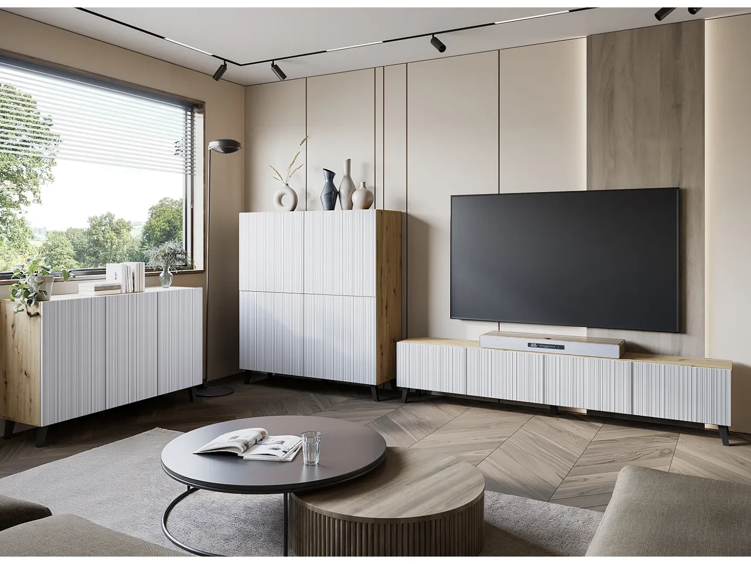 Mueble de TV moderno de 190 cm color artisan con patas para salón, frentes MDF blancos ranurados, 4 puertas abatibles