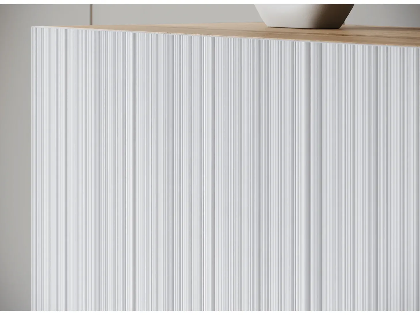 Mueble de TV moderno de 190 cm color artisan con patas para salón, frentes MDF blancos ranurados, 4 puertas abatibles