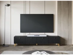 Mueble de TV moderno de 190 cm negro mate, patas y tiradores dorados, frentes MDF fresados en rombos