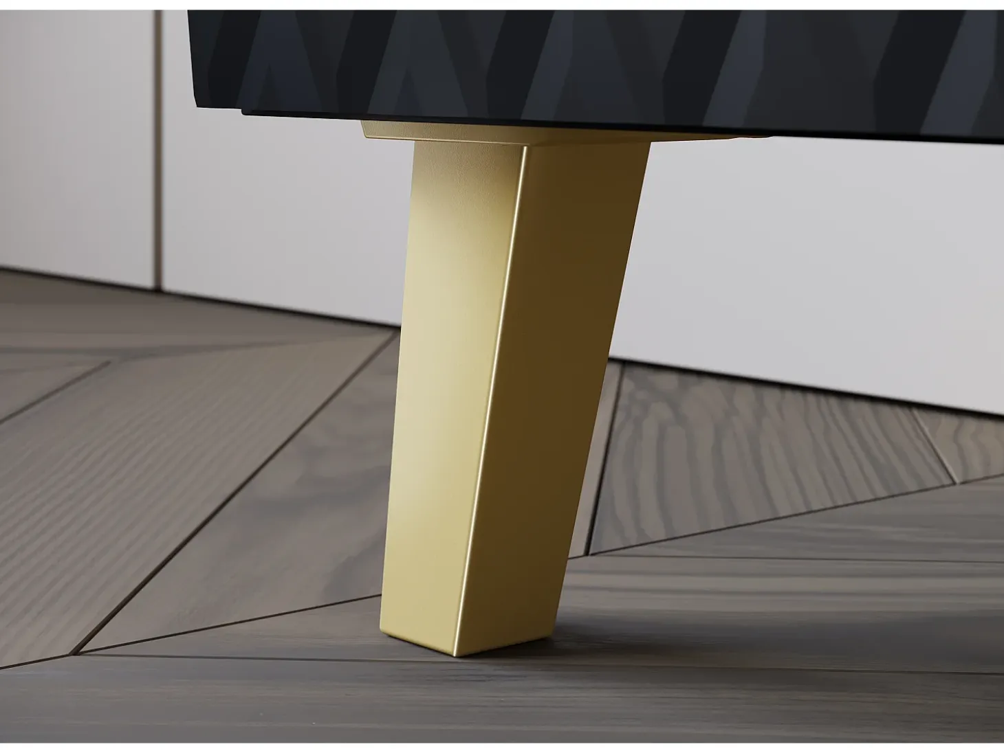 Mueble de TV moderno de 190 cm negro mate, patas y tiradores dorados, frentes MDF fresados en rombos