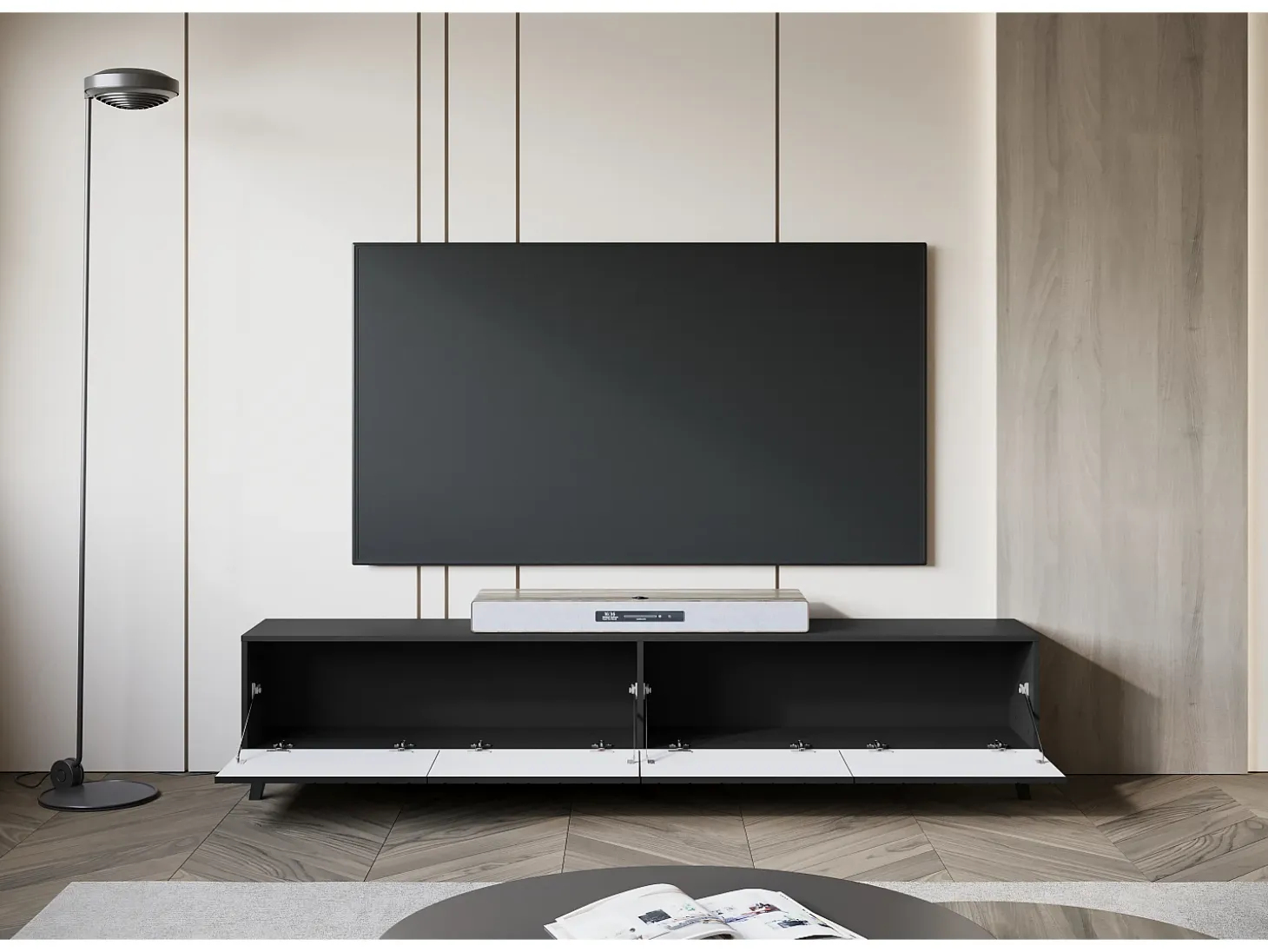 Mueble de TV moderno de 190 cm con patas para salón, grafito negro mate, frentes MDF fresados en espiga