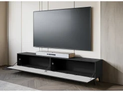 Mueble de TV moderno de 190 cm con patas para salón, grafito negro mate, frentes MDF fresados en espiga