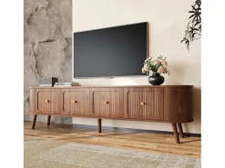 Mueble de TV moderno 180x38x47 cm - 4 puertas - asas doradas - patas de madera - marrón