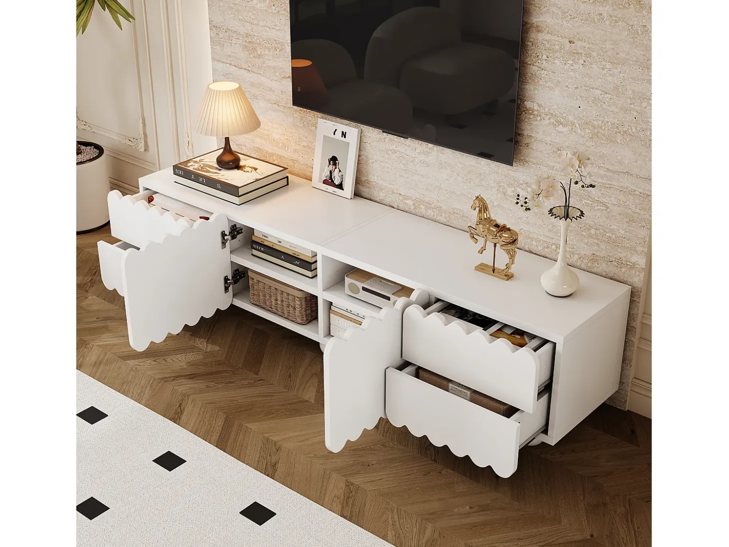 Mueble de TV moderno 175x38x37 cm - 2 puertas y 4 cajones - MDF + tableros de partículas - Blanco