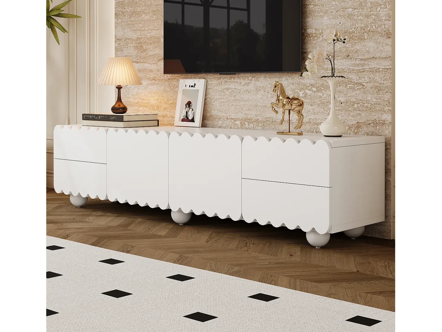 Mueble de TV moderno 175x38x37 cm - 2 puertas y 4 cajones - MDF + tableros de partículas - Blanco