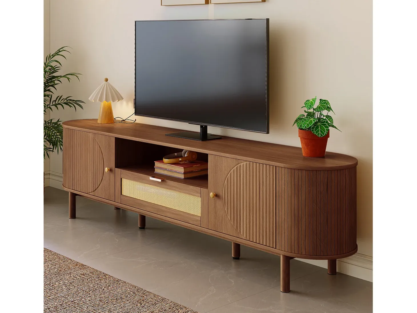 Mueble de TV moderno 175x36x51 cm - 1 cajón de ratán y 2 puertas - Estantes abiertos - Marrón