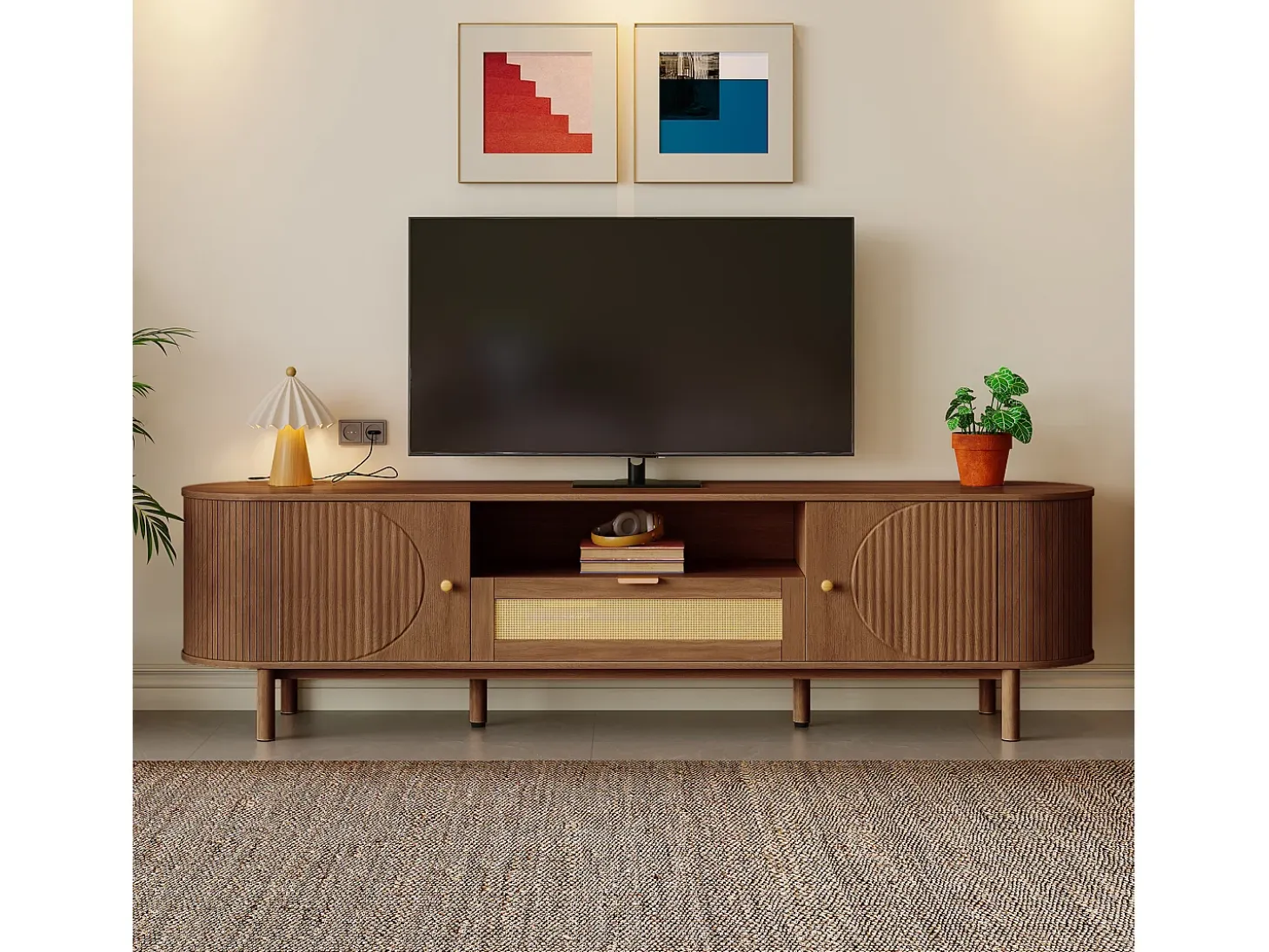 Mueble de TV moderno 175x36x51 cm - 1 cajón de ratán y 2 puertas - Estantes abiertos - Marrón