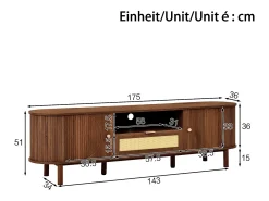 Mueble de TV moderno 175x36x51 cm - 1 cajón de ratán y 2 puertas - Estantes abiertos - Marrón