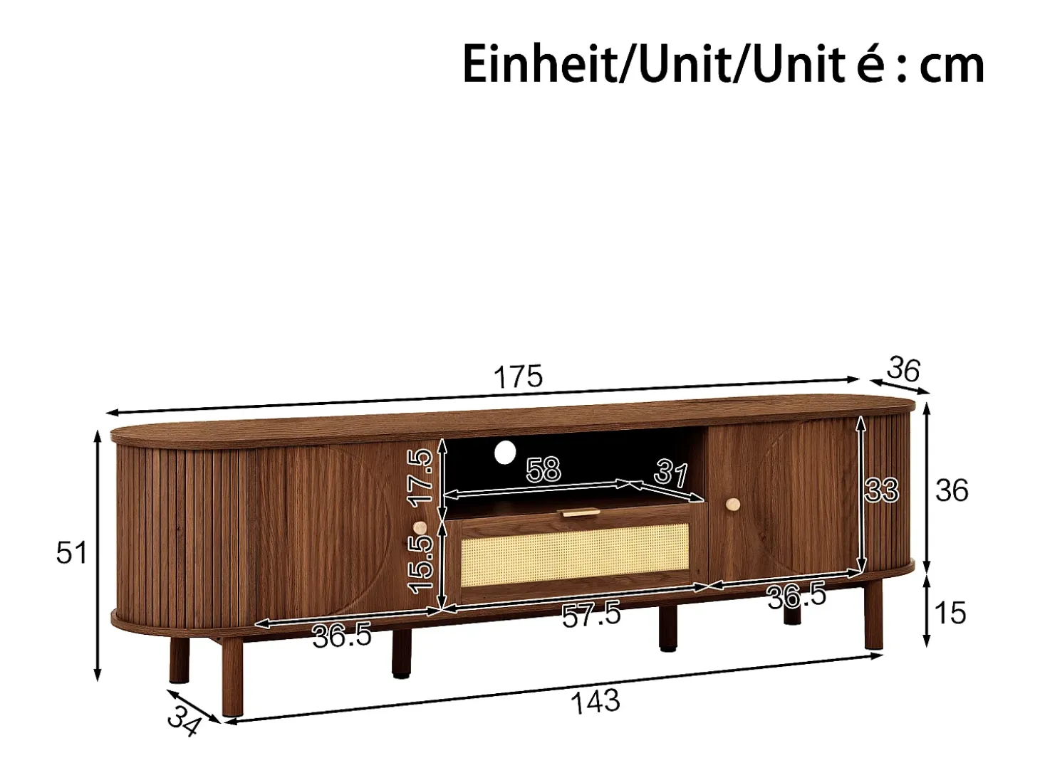 Mueble de TV moderno 175x36x51 cm - 1 cajón de ratán y 2 puertas - Estantes abiertos - Marrón