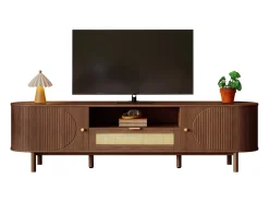 Mueble de TV moderno 175x36x51 cm - 1 cajón de ratán y 2 puertas - Estantes abiertos - Marrón