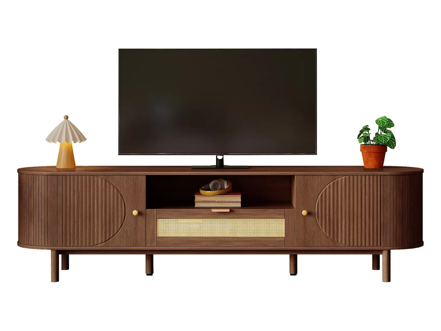 Mueble de TV moderno 175x36x51 cm - 1 cajón de ratán y 2 puertas - Estantes abiertos - Marrón