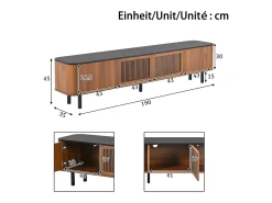 Mueble de TV moderno 190x35x45 cm - 4 puertas de persiana - ángulos redondeados - patas de hierro - MDF - marrón