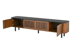 Mueble de TV moderno 190x35x45 cm - 4 puertas de persiana - ángulos redondeados - patas de hierro - MDF - marrón
