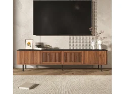 Mueble de TV moderno 190x35x45 cm - 4 puertas de persiana - ángulos redondeados - patas de hierro - MDF - marrón