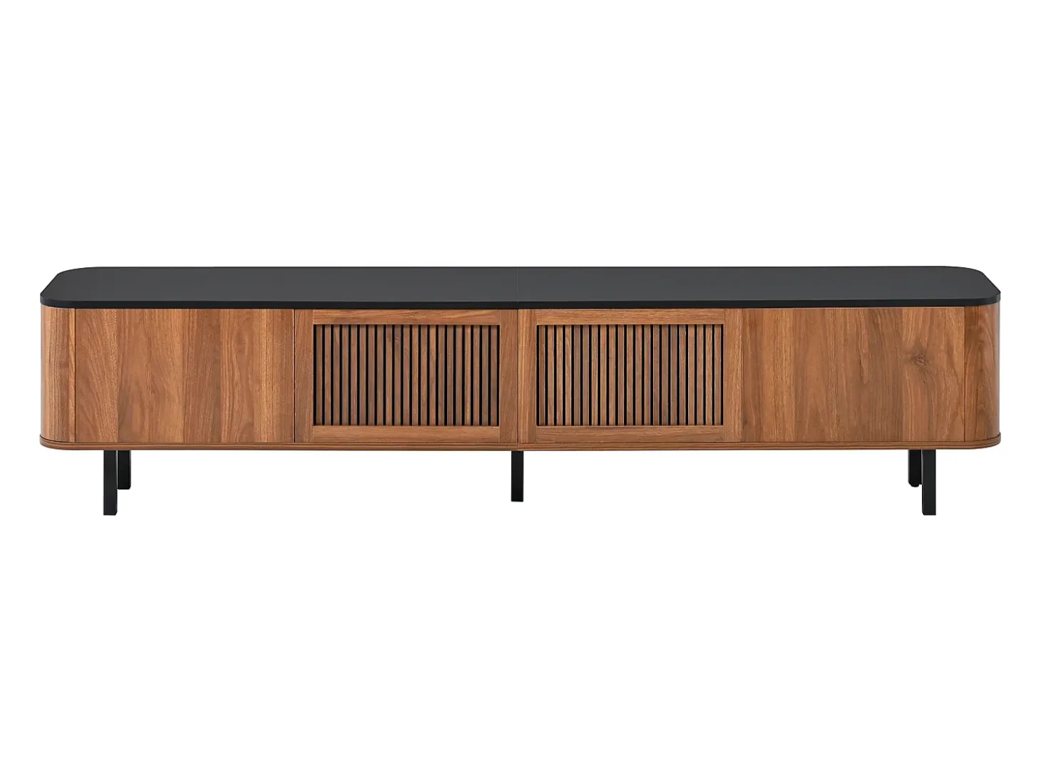 Mueble de TV moderno 190x35x45 cm - 4 puertas de persiana - ángulos redondeados - patas de hierro - MDF - marrón