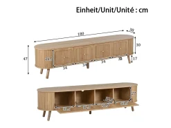 Mueble de TV moderno 180x38x47 cm - 4 puertas - asas doradas - patas de madera - natural