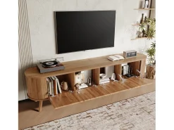 Mueble de TV moderno 180x38x47 cm - 4 puertas - asas doradas - patas de madera - natural