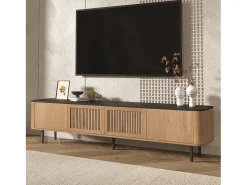 Mueble de TV moderno 190x35x45 cm - 4 puertas de persiana - ángulos redondeados - patas de hierro - MDF - natural