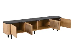 Mueble de TV moderno 190x35x45 cm - 4 puertas de persiana - ángulos redondeados - patas de hierro - MDF - natural