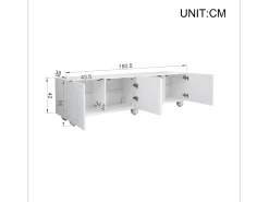 Mueble de TV moderno 180,5x38x50cm - 4 puertas - Patas esféricas - MDF + tableros de partículas - Blanco