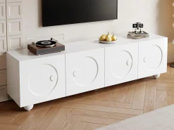 Mueble de TV moderno 180,5x38x50cm - 4 puertas - Patas esféricas - MDF + tableros de partículas - Blanco