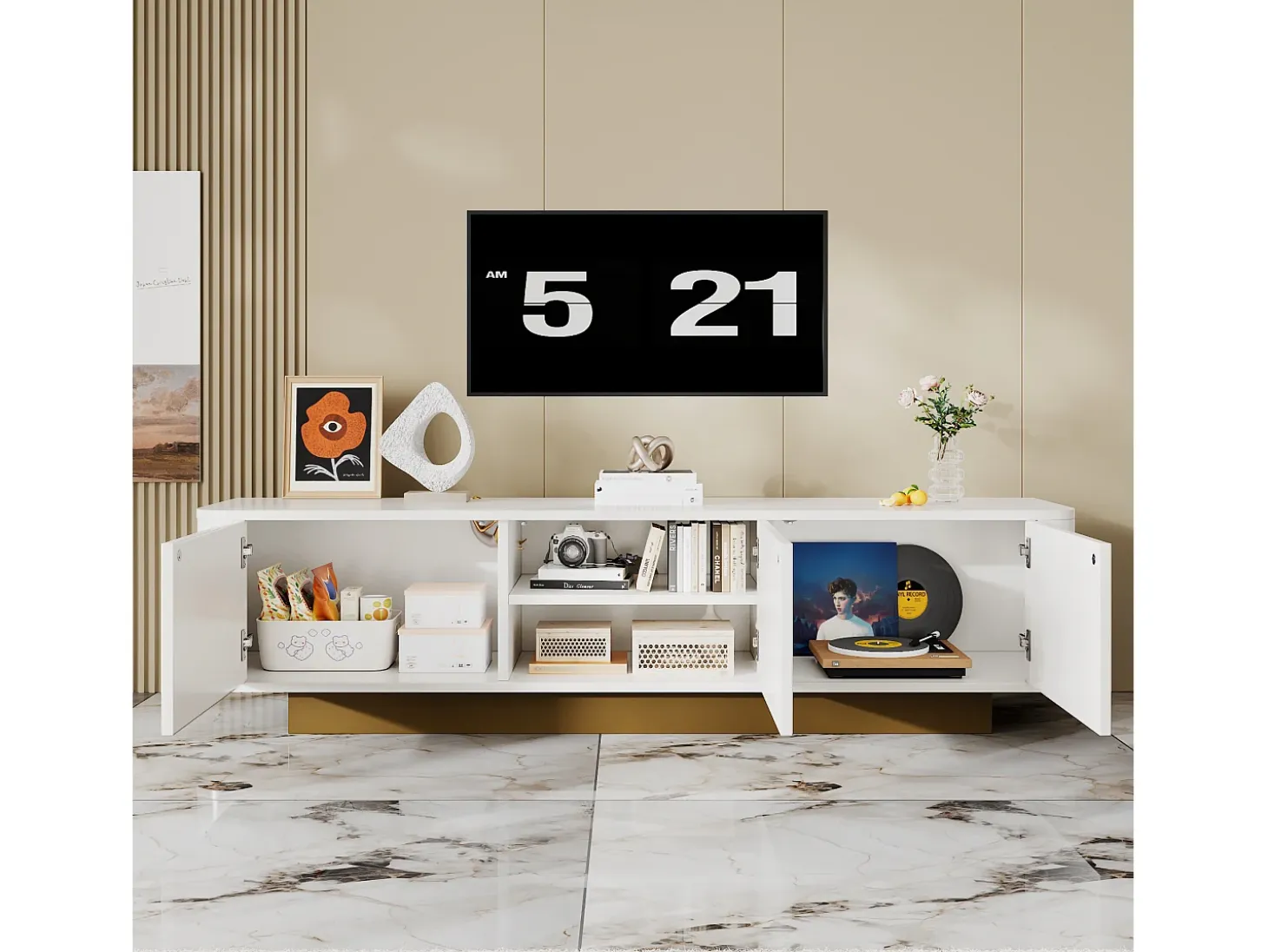 Mueble de TV moderno 170x40x47cm - diseño redondo - 3 puertas - estantes ajustables - blanco
