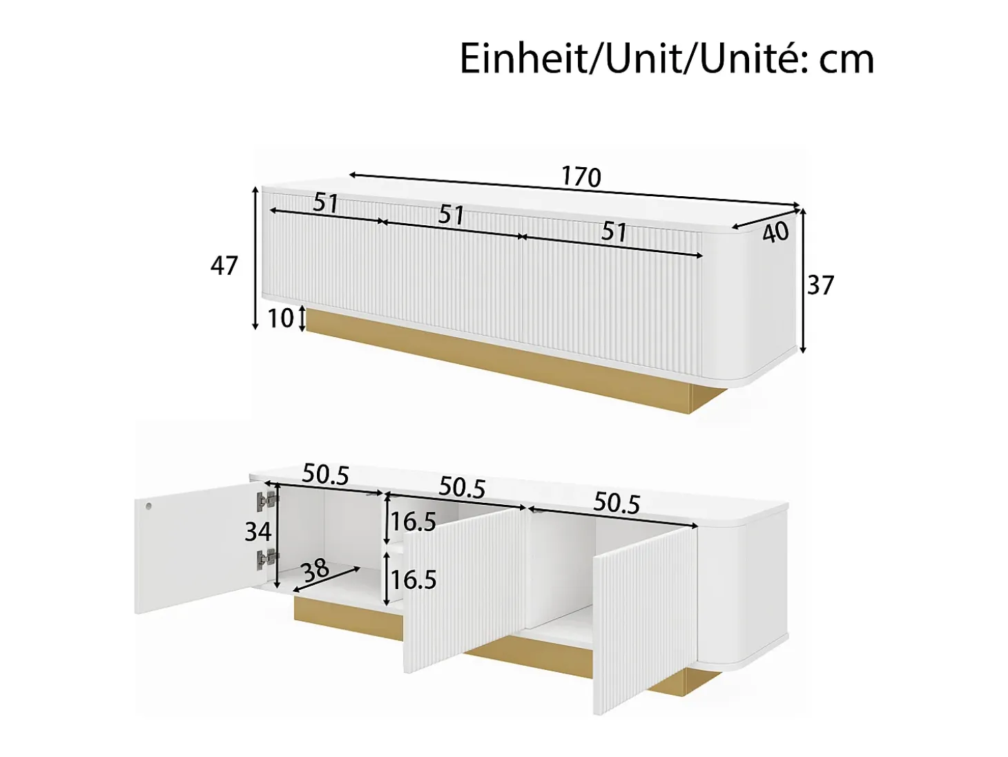 Mueble de TV moderno 170x40x47cm - diseño redondo - 3 puertas - estantes ajustables - blanco
