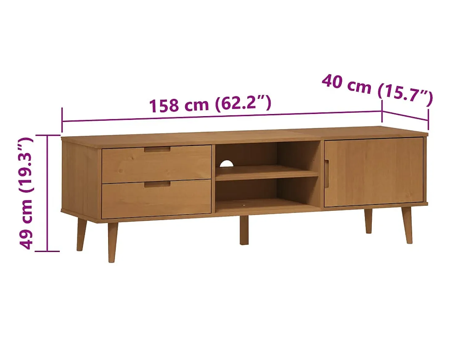 Mueble de TV MOLDE madera maciza de pino marrón 158x40x49 cm