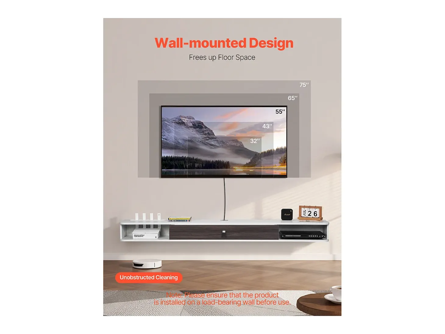 Mueble de TV Montado en la Pared SucceBuy Soporte de TV de Pared de 180 cm, Consola Multimedia con Organizador de Cables, Estante Moderno de Aglomerado