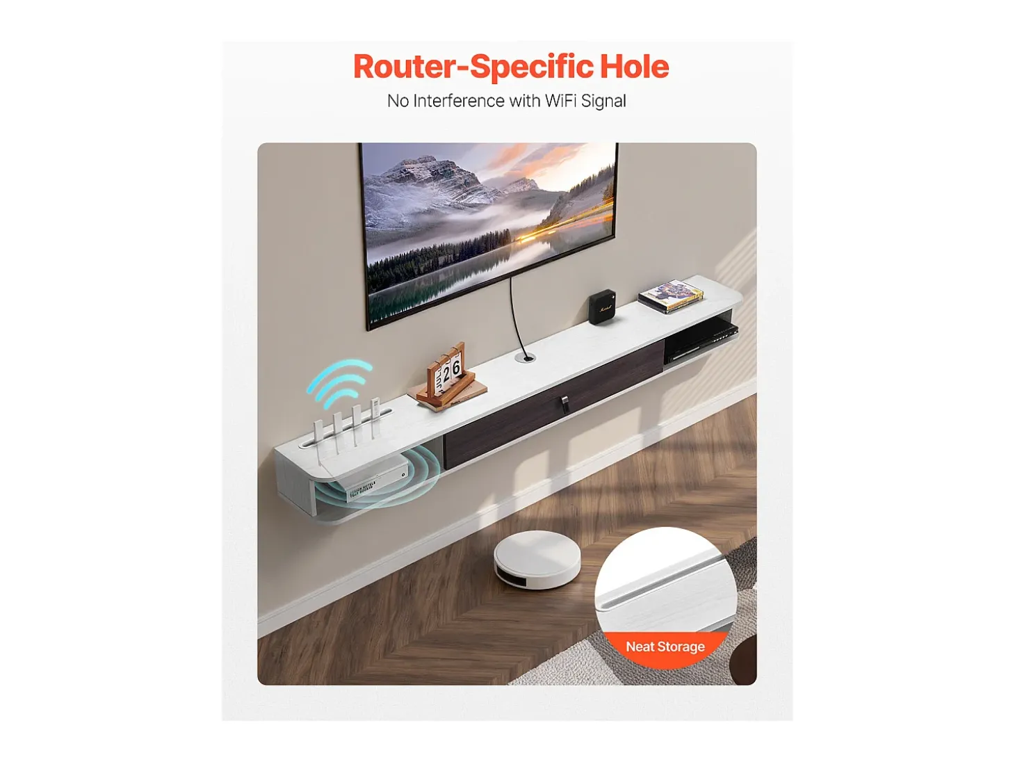 Mueble de TV Montado en la Pared SucceBuy Soporte de TV de Pared de 180 cm, Consola Multimedia con Organizador de Cables, Estante Moderno de Aglomerado
