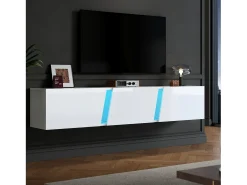 Mueble de TV mural 180x35x30cm - con 3 puertas - con iluminación LED - para televisores de 75" - blanco