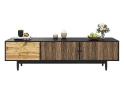 Mueble de TV negro y madera - Mueble de TV con 2 puertas y 3 cajones - tiradores de aro dorados y estampado ondulado