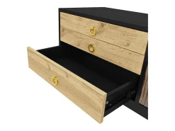 Mueble de TV negro y madera - Mueble de TV con 2 puertas y 3 cajones - tiradores de aro dorados y estampado ondulado