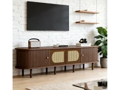 Mueble de TV ovalado - 180 x 40 x 40 cm - diseño de ratán - con 2 puertas correderas + 2 puertas - MDF - marrón