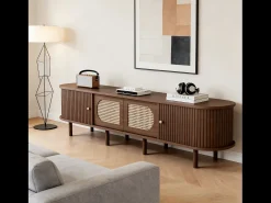Mueble de TV ovalado - 180 x 40 x 40 cm - diseño de ratán - con 2 puertas correderas + 2 puertas - MDF - marrón