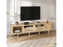 Mueble de TV ovalado con 2 cajones de ratán + 2 puertas correderas - 170 x 40 x 40 cm - MDF + metal - natural
